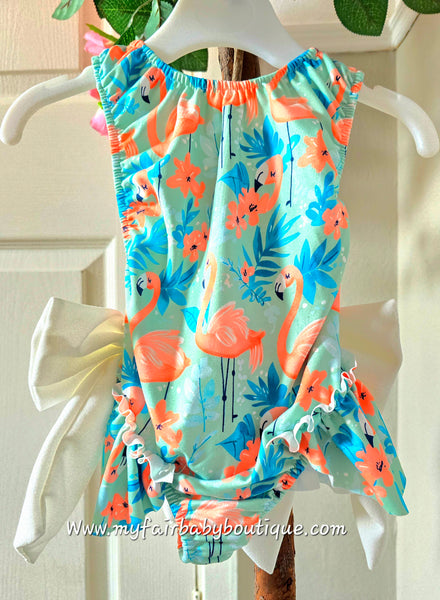 Girls Mint Flamingo Print Bow Swimsuit ~ 2-12y