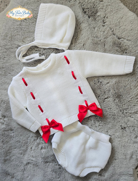 Spanish Baby Girls White & Red Knitted Bow Jam Pant 3pc Set
