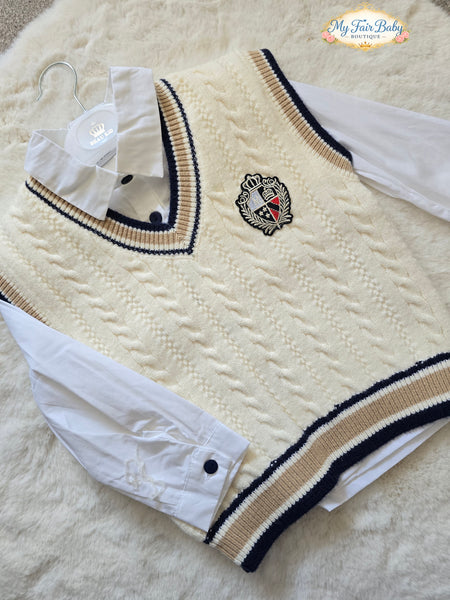 Beau Kid Traditional Boys Cream & Navy Tank Top 3pc Set 2802