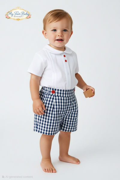 Spanish BabyFerr Baby Boys Navy Check Short Set 24302 ~ 18-24m
