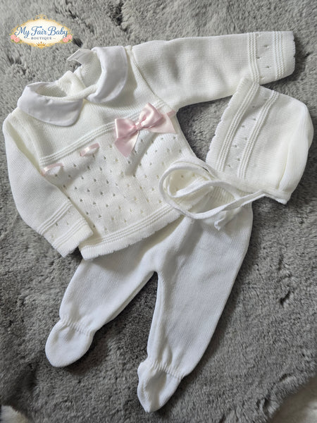 Spanish Baby Girls White & Pink Knitted 3pc Set ~ 0-3m