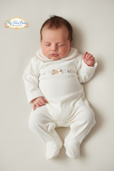 Spanish Unisex Baby Cream & Camel Velour Sleepsuit/Babygrow