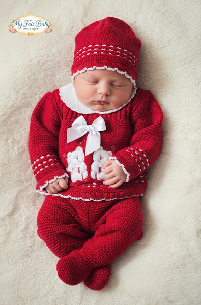 Spanish Unisex Baby Red Knitted Teddy 3pc Set ~ 0-3m