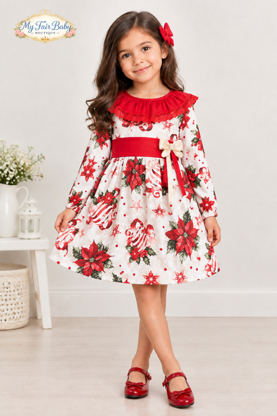 Traditional Girls Red Poinsetta Christmas Dress ~ 1-6y