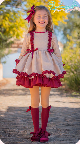 Belcoquet AW26 Older Girls Paloma Burgundy & Camel Puffball Dress