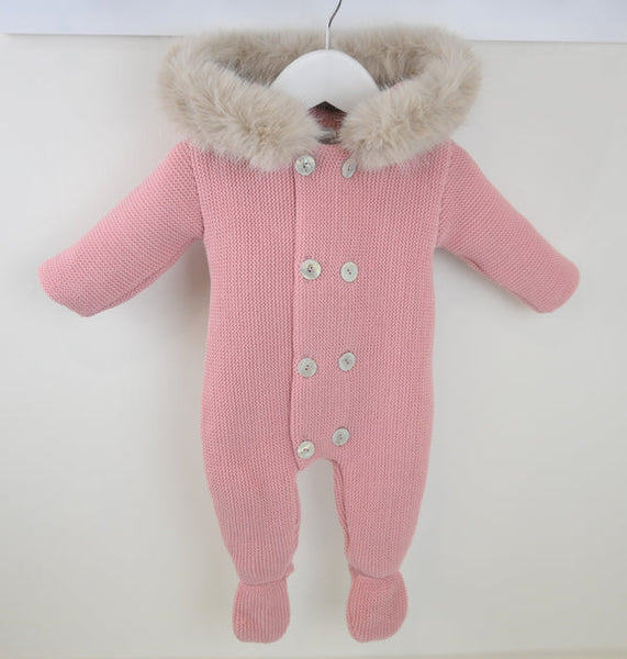 Traditional Baby Girls Dusky Pink Fur Trimmed Knitted Snowsuit