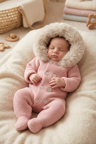 Traditional Baby Girls Dusky Pink Knitted Snowsuit/Pramsuit