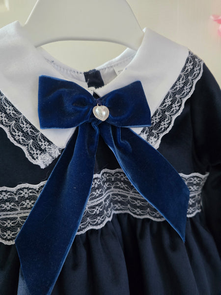 Spanish Girls Navy Velvet Lace Trimmed Bow Dress ~ 1-5y