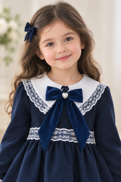 Spanish Girls Navy Velvet Lace Trimmed Bow Dress ~ 1-5y