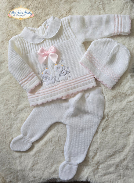 Spanish Baby Girls White & Pink Knitted Teddy 3pc Set ~ 0-3m