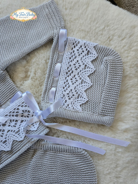Spanish Creaciones Gavidia Unisex Baby Grey & White Knitted 3pc Lace Set 1136