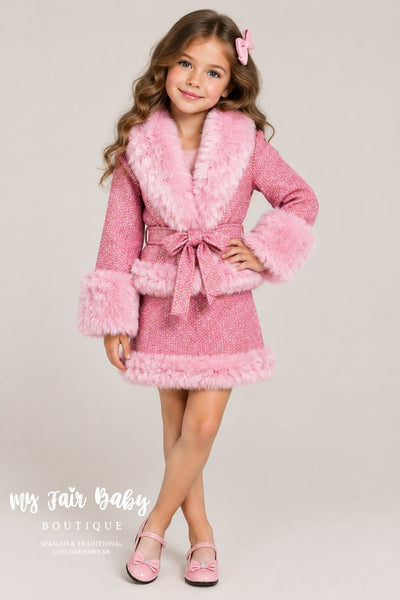 Traditional Girls Pink Fur Trimmed Boucle Jacket & Skirt Set ~ 5-13y