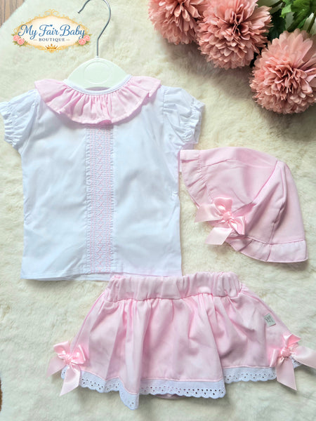 Spanish Baby Girls Pink Smocked Summer Skort & Hat Set M002S ~ 6-24m