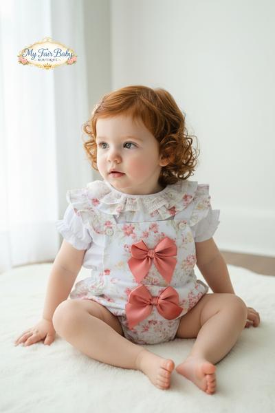 Spanish Baby Girls White & Pink Floral Romper Set M002W ~ 6-36m