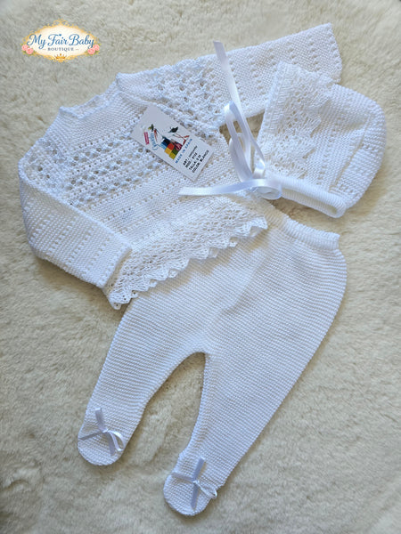 Spanish Creaciones Gavidia Unisex Baby White Knitted 3pc Lace Set 6132