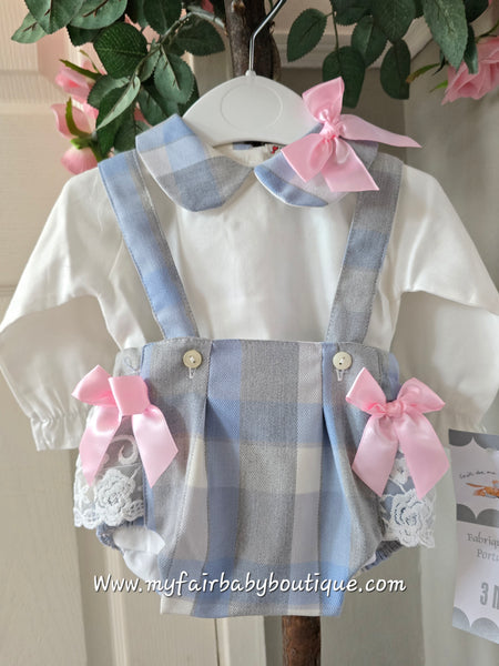 Spanish Baby Girls Blue & Grey Check Romper- 6-36m