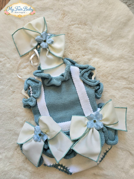 Ela Confeccion SS26 Girls Blue & Cream Knitted Romper - MADE TO ORDER