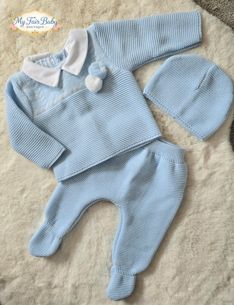 Spanish Baby Boys Blue Knitted 3pc Set ~ 0-3m