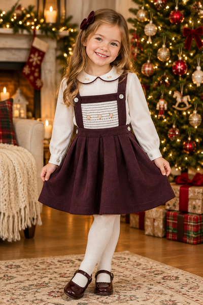 Beau Kid Girls Wine Red Pinafore Dress & Blouse ~ 12m-6y
