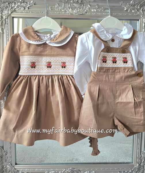 Mabini Traditional Spanish Baby Boys Chocolate Smocked Teddy Bear Dungarees 1702 ~ 0-4y