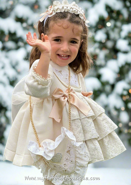 Sonata Infantil AW25 Spanish Girls Cream & Gold Christmas Puffball Dress IN2516 ~ MADE TO ORDER