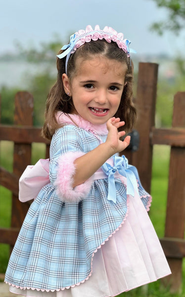 Sonata Infantil AW25 Spanish Girls Blue & Pink Check Puffball Dress IN2519 ~ MADE TO ORDER