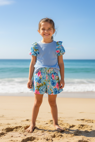 Girls Blue Top & Floral Short Set - 4-14y
