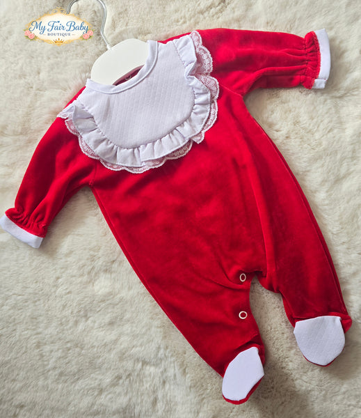 Spanish Baby Girls Red & White Frill Velour Sleepsuit/Babygrow ~ NB-6m