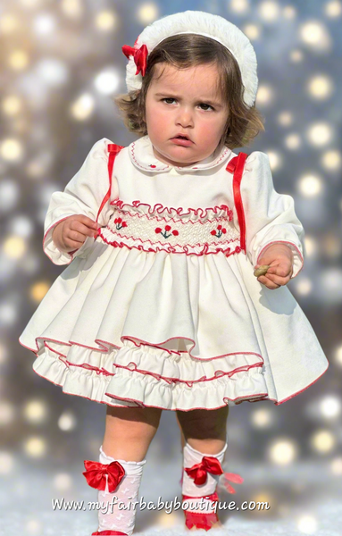 Sonata Infantil AW25 Spanish Girls White & Red Velvet Smocked Puffball Dress IN2511 ~ MADE TO ORDER
