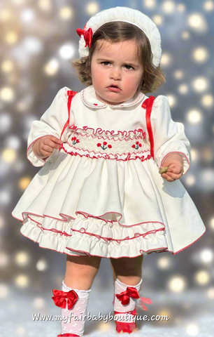 Sonata Infantil AW25 Spanish Girls White & Red Velvet Smocked Puffball Dress IN2511 ~ MADE TO ORDER