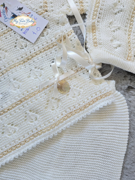 Spanish Creaciones Gavidia Unisex Baby Cream & Camel Knitted 3pc Lace Set 5126