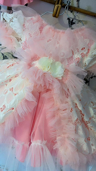 Ela Confeccion SS25 Spanish Girls Pink & Cream Tulle & Lace Puffball Dress ~ IN STOCK NOW