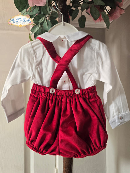 Spanish Baby Boys Red Velvet Dungaree Set