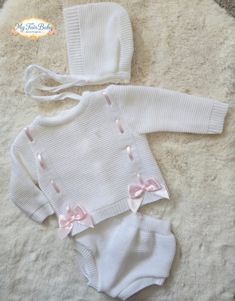Spanish Baby Girls White & Pink Knitted Bow Jam Pant 3pc Set