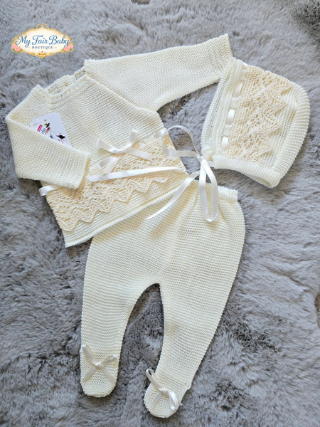 Spanish Creaciones Gavidia Unisex Baby Cream Knitted 3pc Lace Set 1136