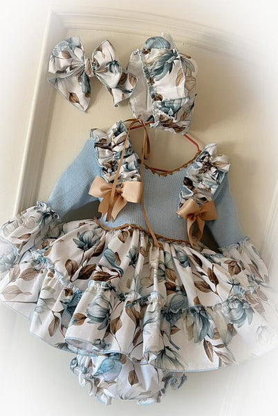 Ela Confeccion AW25 Spanish Girls Blue Floral Puffball Dress - MADE TO ORDER