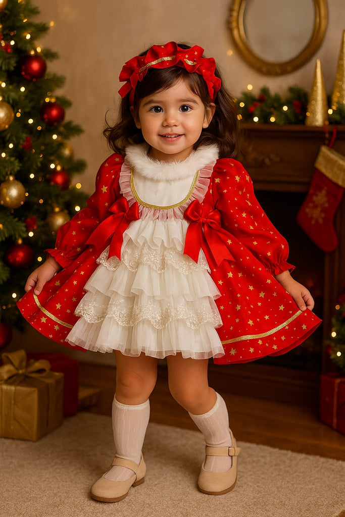 Sonata AW25 Spanish Girls Red & Gold Snowflake Christmas Puffball Dress NA2504 - Made to Order 18 Months / Red Sonata AW25 Spanish Girls Red & Gold Snowflake Christmas Puffball Dress NA2504 - Made to Order 18 Months / Red