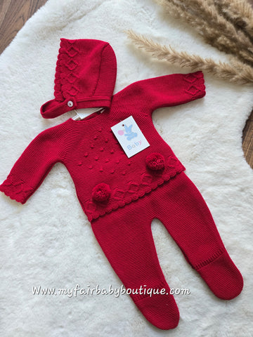 Spanish Unisex Baby Red Knitted Pom Pom 3pc Trouser Set C1003 ~ NB-12m