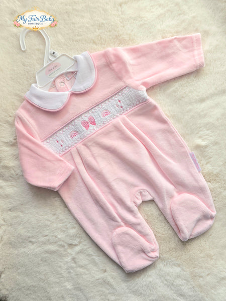 Traditional Baby Girls Pink Smocked Rainbow Velour Sleepsuit/Babygrow ~ 0-6m