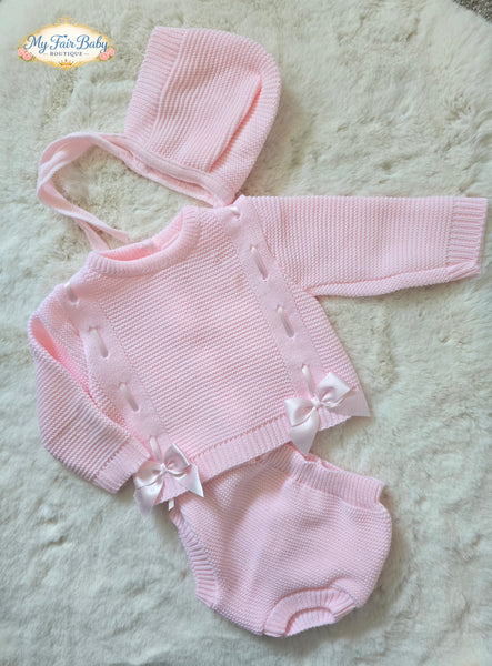 Spanish Baby Girls Pink Knitted Bow Jam Pant 3pc Set