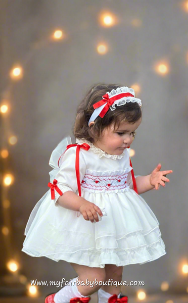 Sonata Infantil AW25 Spanish Girls Ivory & Red Organza Smocked Puffball Dress IN2521 ~ MADE TO ORDER