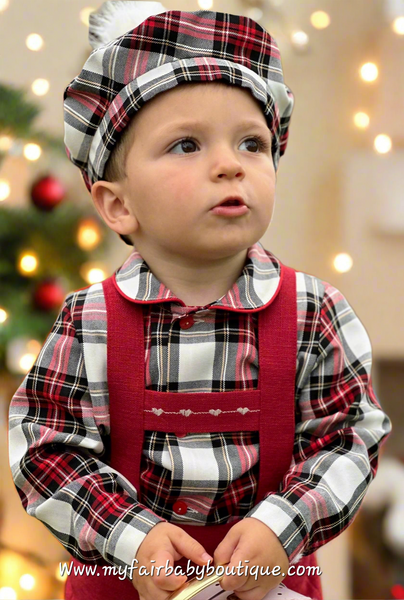 Sonata Infantil AW25 Spanish Baby Boys Red Dungaree & Tartan Shirt Set IN2507 - MADE TO ORDER