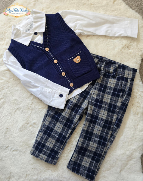 Beau Kid Traditional Boys Navy Check Trouser 3pc Set 2821