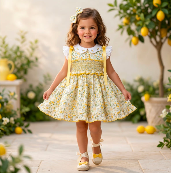 Sonata Infantil SS26 Girls Yellow Floral Smocked Puffball Dress VE2632 ~ MADE TO ORDER