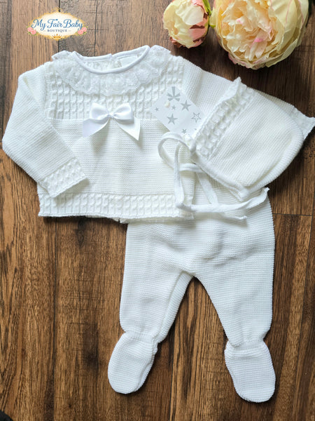 Spanish Baby Girls White Knitted 3pc Set ~ 0-3 months