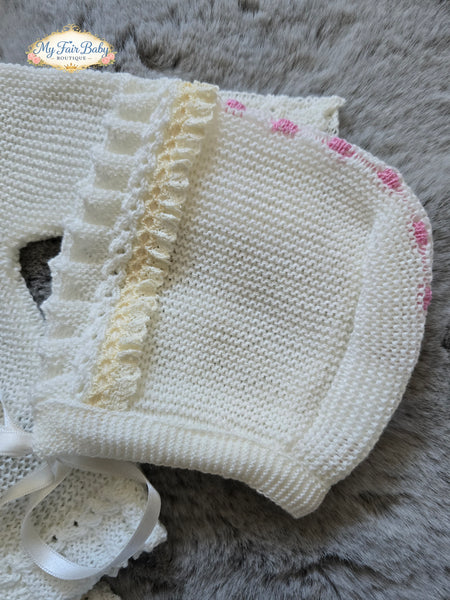 Spanish Creaciones Gavidia Baby Girls Cream & Pink Knitted 3pc Set 6208