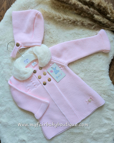 Spanish Baby Girls Pink Knitted Fur Trimmed Jacket & Bonnet ~ 3-24m