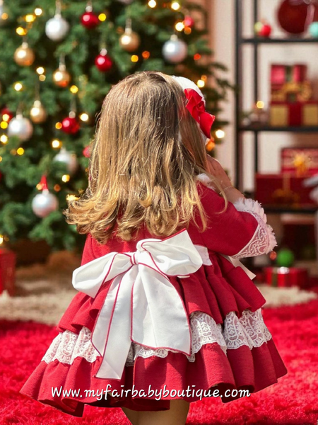 Sonata Infantil AW25 Spanish Girls Red Lace & Fur Puffball Dress IN2506 ~ MADE TO ORDER