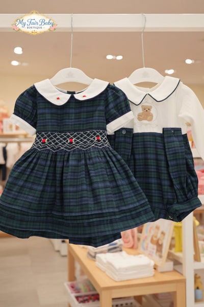 Beau Kid Traditional Girls Green Smocked Tartan Christmas Dress 1J2402A - 6m-7y