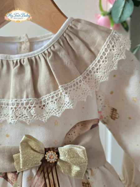 Traditional Girls Cream & Gold Printed Christmas Dress ~ 1-6y